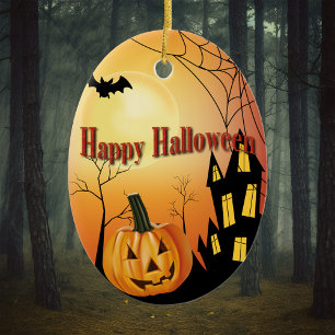 Happy halloween Jack O'Lantern and Haunted House Julgransprydnad Keramik