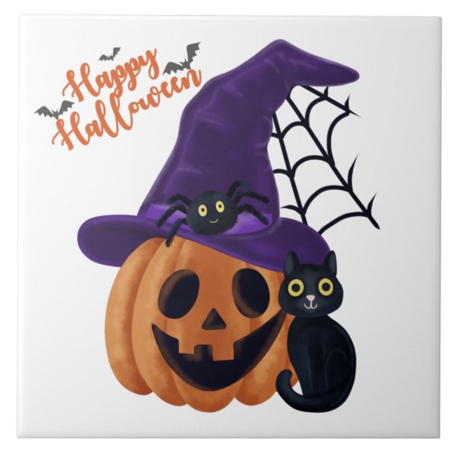 Happy halloween-karvade Pumpkin med svart katt och Kakelplatta (Framsidan)