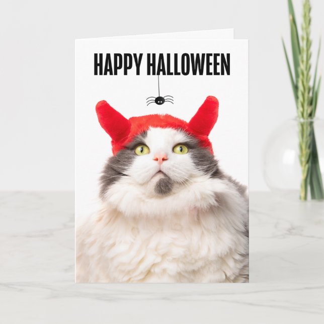 Happy halloween-katt i Djävulen-kostym med spindel Helgkort (Framsida)