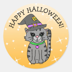 Happy halloween Katt i Witch Hat Runt Klistermärke