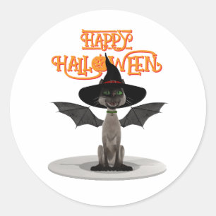 Happy halloween. Katt med vingar och häxhatt Runt Klistermärke