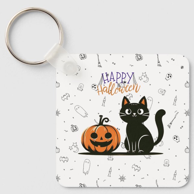 Happy halloween, katt och pumpa nyckelring (Framsida)