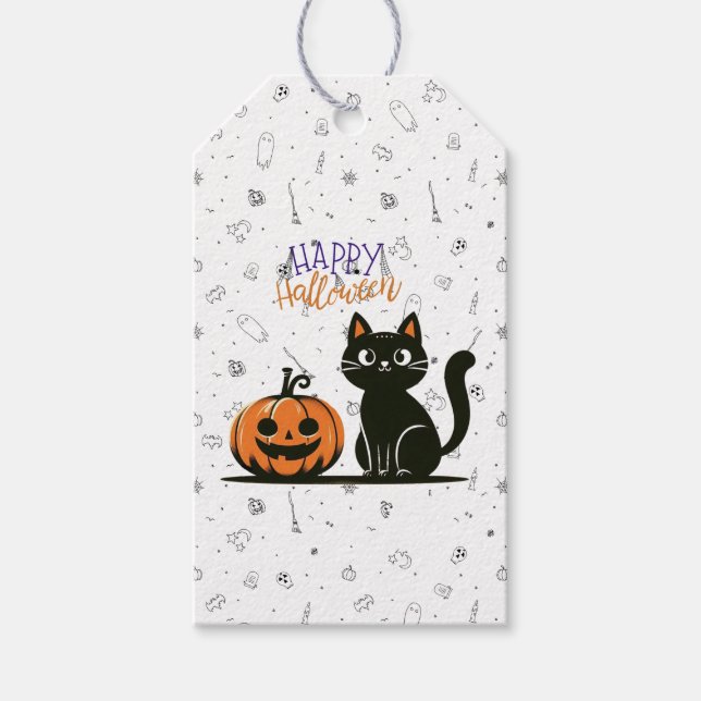 Happy halloween, katt och pumpa presentetikett (Framsidan)