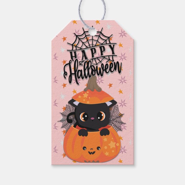 Happy halloween Kawaii Black Cat in a Pumpkin Presentetikett (Framsidan)