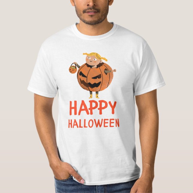 Happy Halloween Kid in Pumpkin Costume T-Shirt (Framsida)