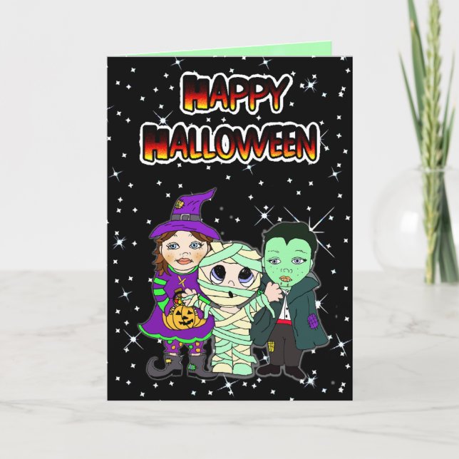 Happy halloween Kid Witch, Mummy och Vampire Kort (Framsida)