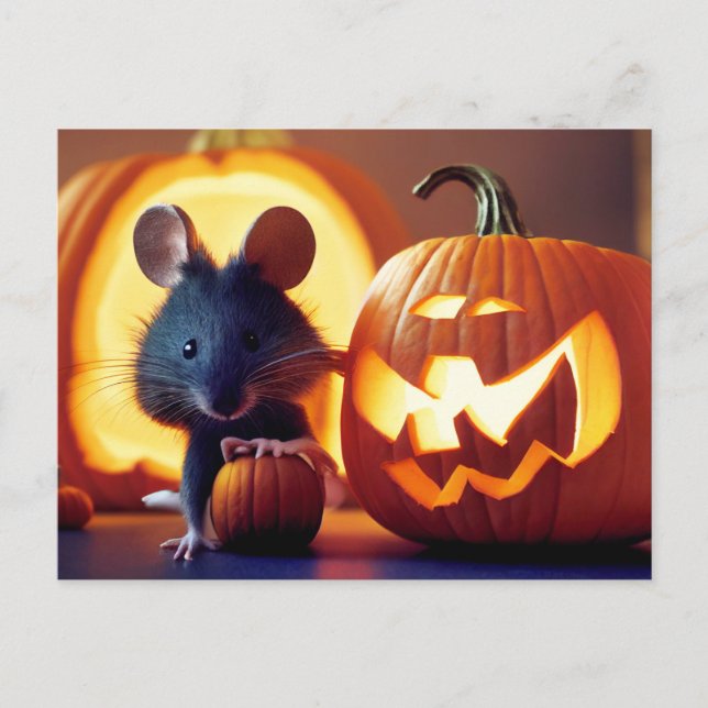 Happy Halloween. Kleine  niedliche Maus mit Kürbis Vykort (Framsida)