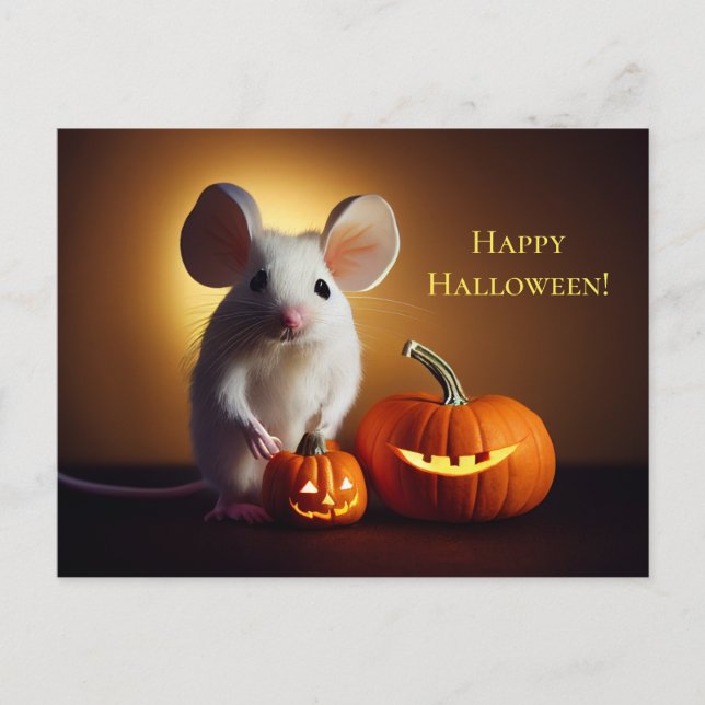  Happy Halloween. Kleine niedliche Maus mit Kürbis Vykort (Framsida)