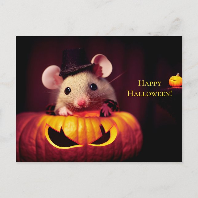  Happy Halloween. Kleine niedliche Maus mit Kürbis Vykort (Framsida)