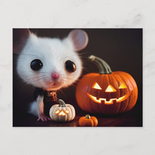 Happy Halloween. Kleine niedliche Maus mit Kürbis. Vykort (Framsida)