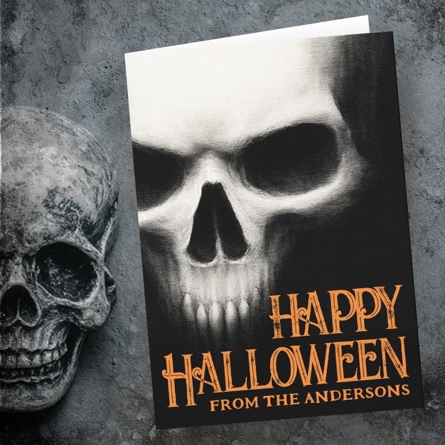 Happy halloween kräppig orange med svart skalle helgkort (Happy Halloween creepy ghost skull black orange Holiday Card)