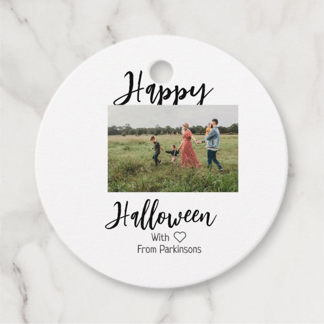 Happy halloween lägg till namn-fotosvart, vanlig gåvor etiketter (Framsida)