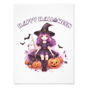 Happy halloween Lila Witch Pumpkins & Fladdermus Fototryck