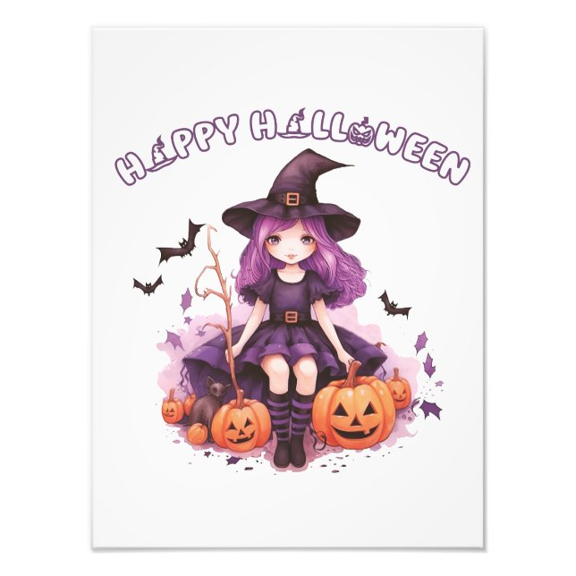 Happy halloween Lila Witch Pumpkins & Fladdermus Fototryck (Framsidan)
