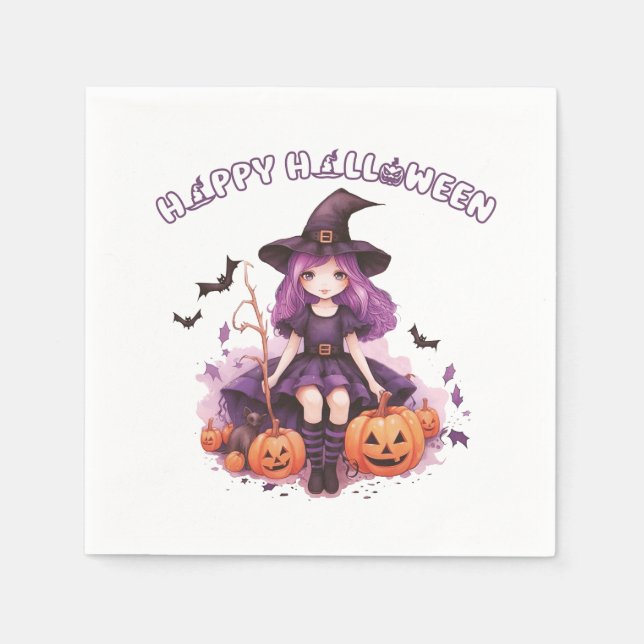 Happy halloween Lila Witch Pumpkins & Fladdermus Pappersservett (Framsidan)