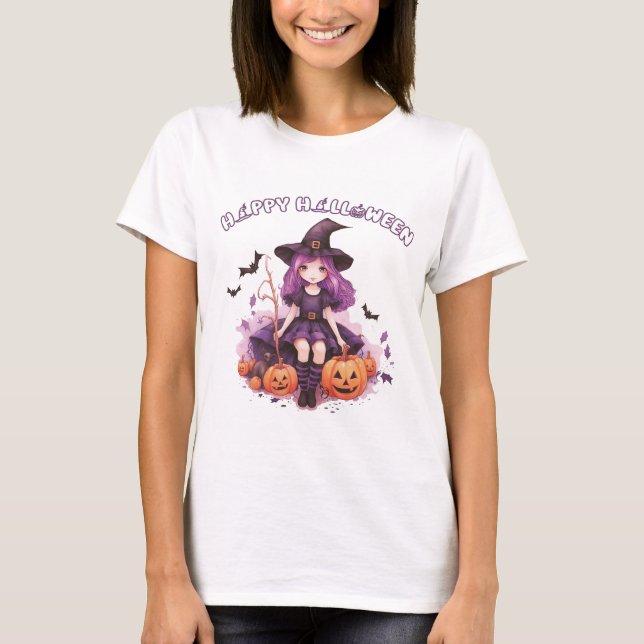 Happy halloween Lila Witch Pumpkins & Fladdermus T Shirt (Framsida)