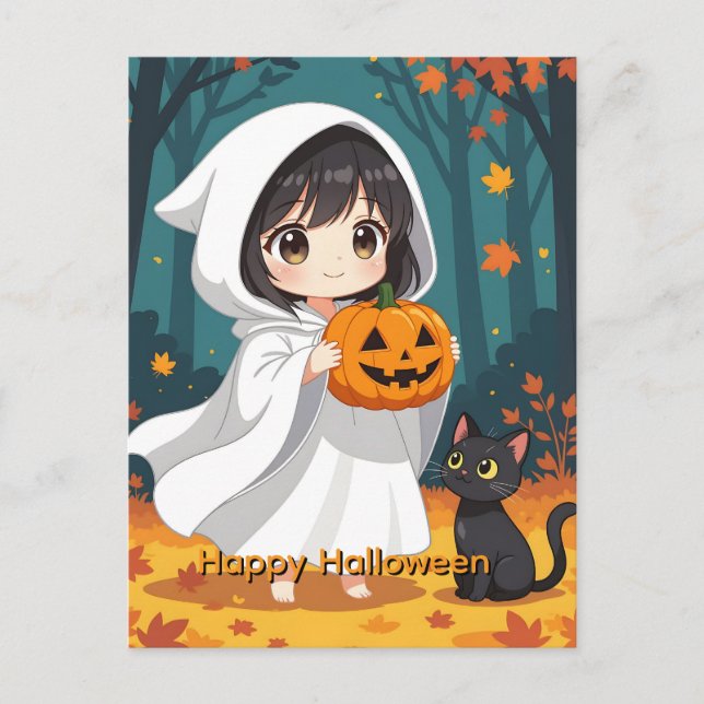 Happy halloween Little girl Ghost och Black cat Helg Vykort (Framsida)
