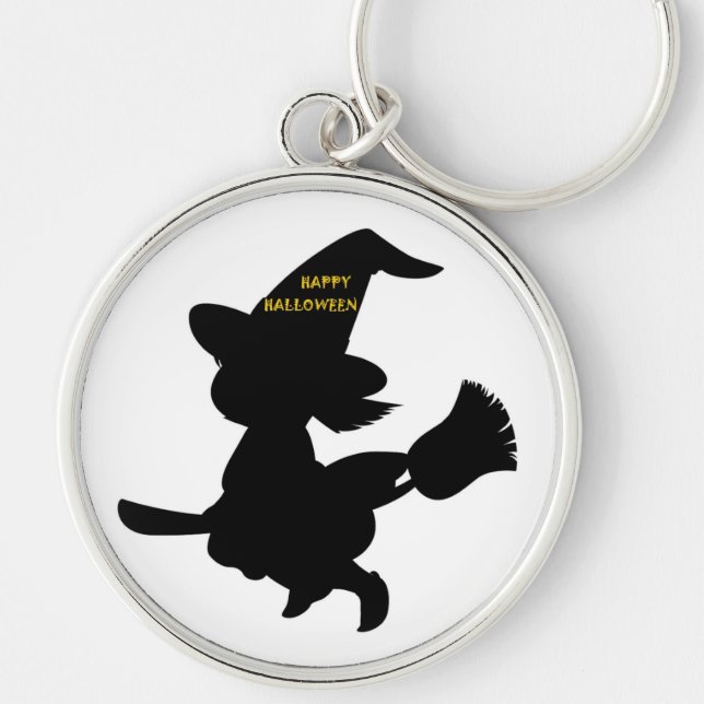 "HAPPY HALLOWEEN" LITTLE WITCH FLYING RUND SILVERFÄRGAD NYCKELRING (Framsidan)