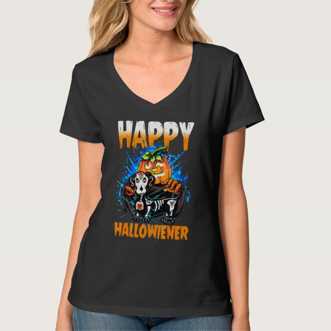 Happy halloween Lycklig Halloweiner Daschund Hund T Shirt (Framsida)
