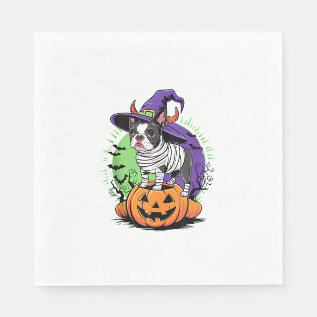 Happy halloween med Boston Terrier Mummy & Witch Pappersservett (Framsidan)