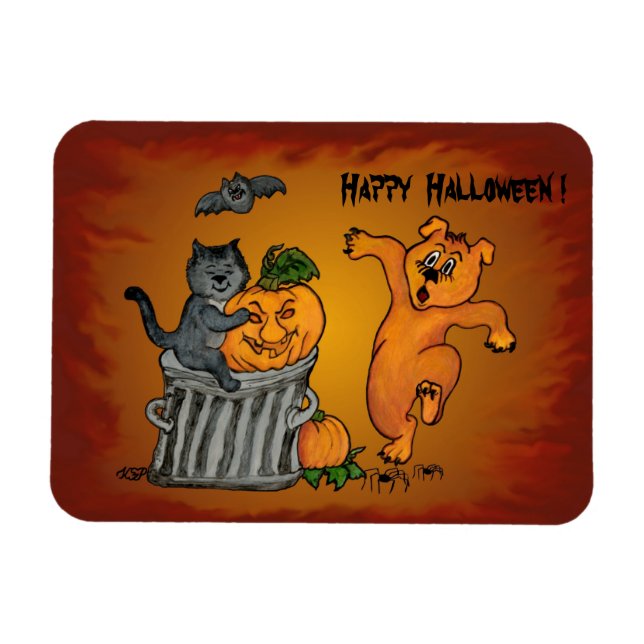 Happy halloween med Cat Fladdermus Hund och Spider Magnet (Horisontell)