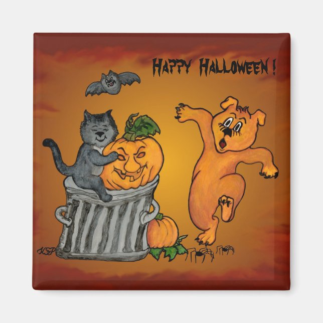 Happy halloween med Cat Fladdermus Hund och Spider Magnet (Framsidan)