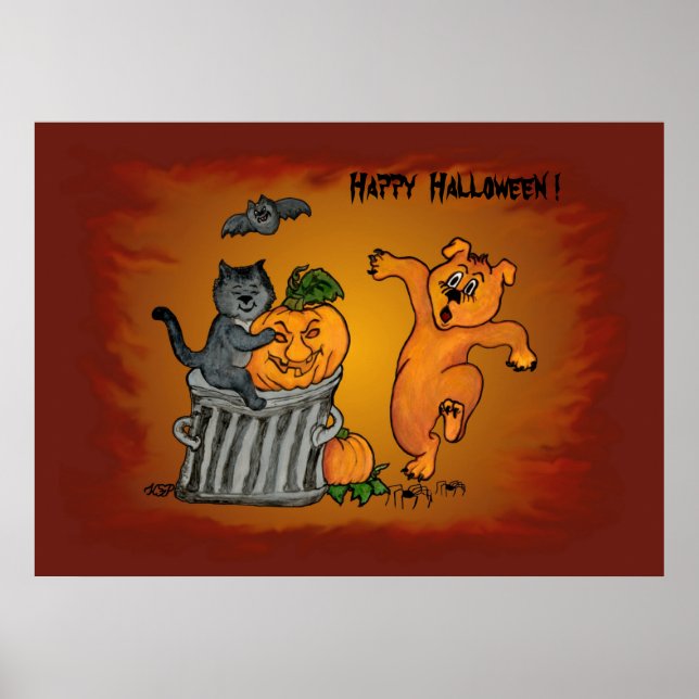 Happy halloween med Cat Fladdermus Hund och Spider Poster (Framsidan)