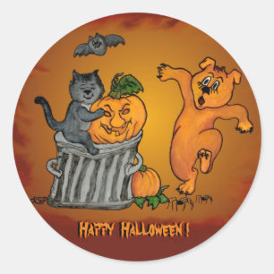 Happy halloween med Cat Fladdermus Hund och Spider Runt Klistermärke