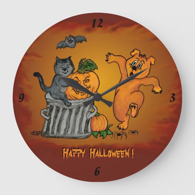 happy halloween med Cat Fladdermus Hund och Spider Stor Klocka (Framsida)