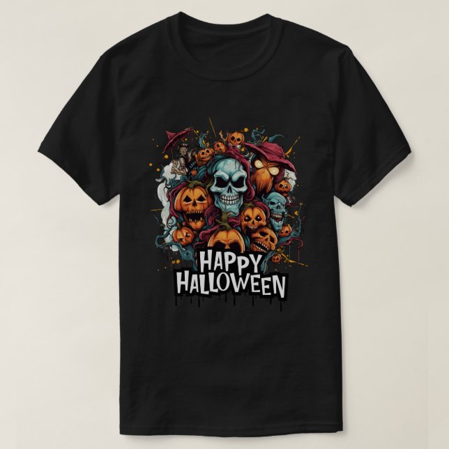 Happy halloween med Döskallar, pumpor och Monster T Shirt (Design framsida)