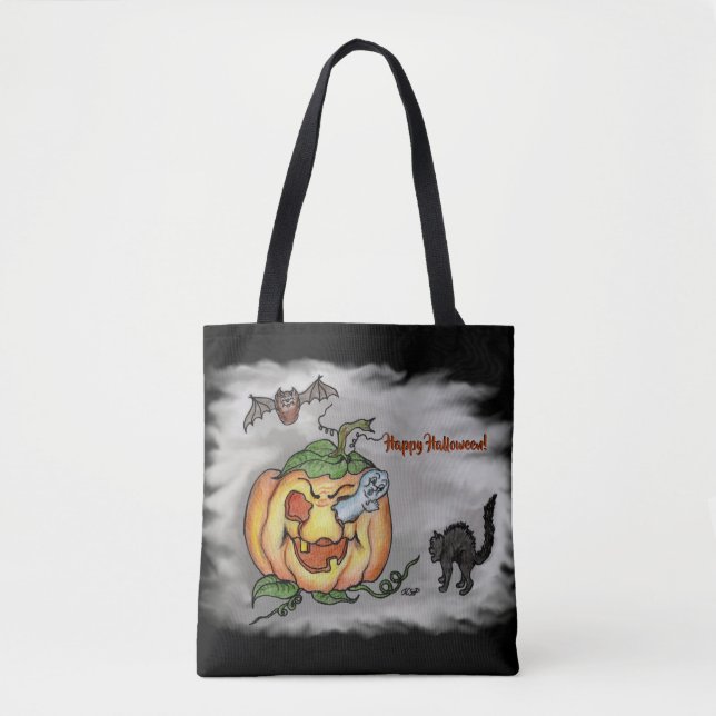 Happy halloween med Ghost Cat Fladdermus Pumpkin Tygkasse (Framsida)