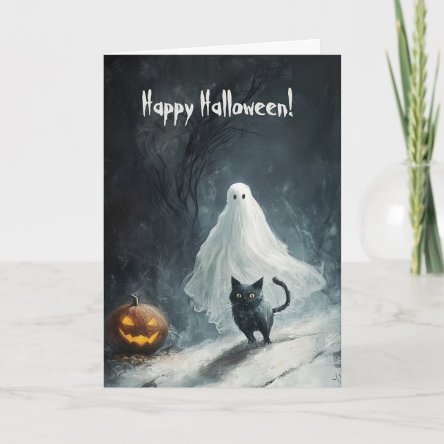 Happy halloween med Ghost och Cat Tack Kort (Framsida)