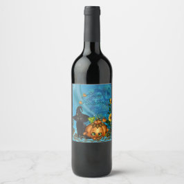 Happy halloween med lustig katt vinflaska etikett