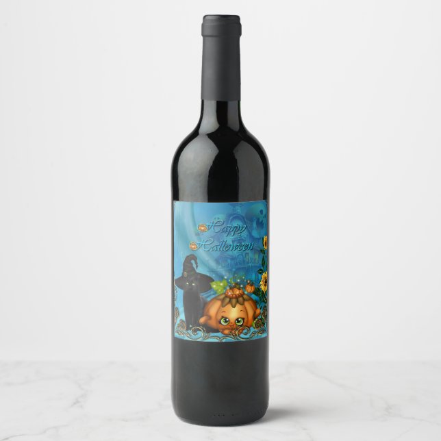 Happy halloween med lustig katt vinflaska etikett (Framsida)