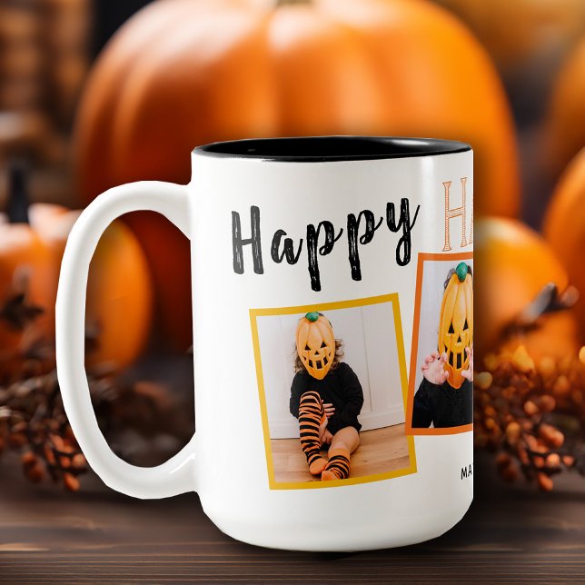 Happy halloween Monogrammed Photo Collage Två-Tonad Mugg (Take your morning cup of joe to a spook-tacular level this Halloween season with our Halloween Mug)