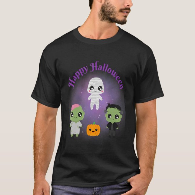 Happy Halloween Monsters Mummy Frankenstein Zombie T Shirt (Framsida)