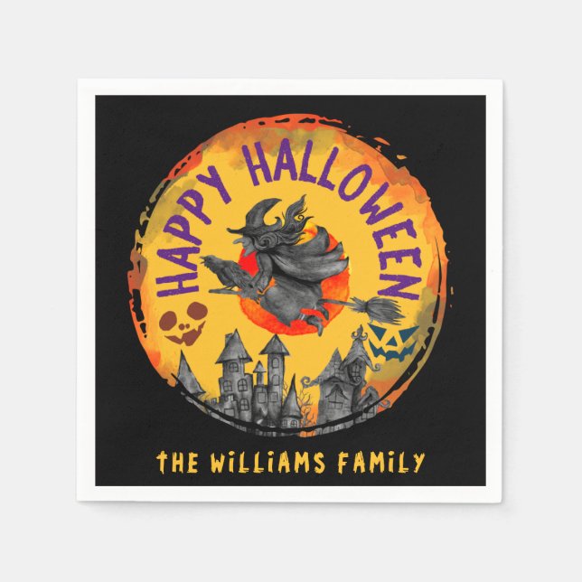 Happy halloween Orange Black Witch Broomstick Pappersservett (Framsidan)