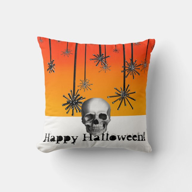 Happy halloween orange med skalle kudde (Framsida)