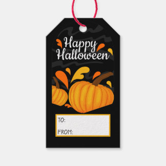 Happy halloween Orange Pumpkin Black Background Presentetikett