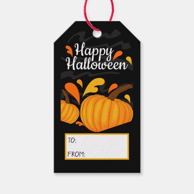 Happy halloween Orange Pumpkin Black Background Presentetikett (Framsidan)