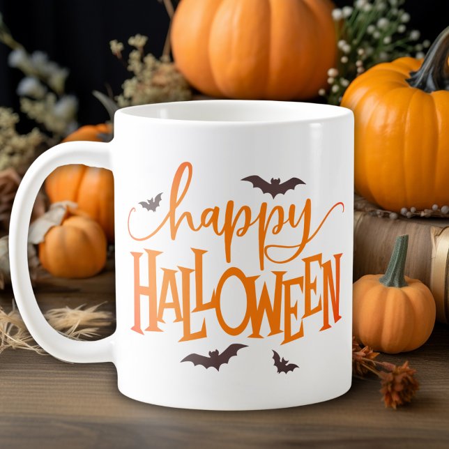Happy halloween Orange Script med svart Fladdermus Kaffemugg (Happy Halloween Orange Script with Black Bats Coffee Mug)