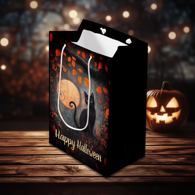 Happy halloween ornate Black Cat Full Moon Höst (Happy Halloween Ornate Black Cat Full Moon Autumn Medium Gift Bag)