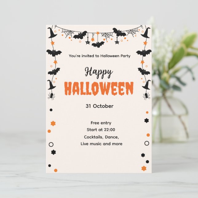 Happy Halloween Party Invitation with Bats, Stars  Inbjudningar (Stående Fram)