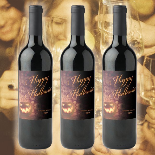 Happy halloween Party Jack O'Lantern Hallowine Vinflaska Etikett (Jack O'Lantern Halloween Party "HalloWine" Wine Label. Perfect prize for best costume contest.)