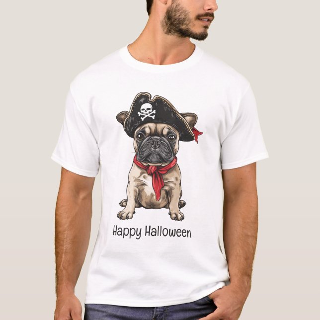 Happy halloween Pirat Fransk Bulldog T Shirt (Framsida)