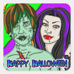 Happy halloween Pop Art zombie Vampire Fyrkantigt Klistermärke