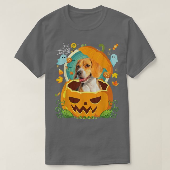 Happy halloween Pumpkin Beagle Hund Witch Cute Hat T Shirt (Design framsida)