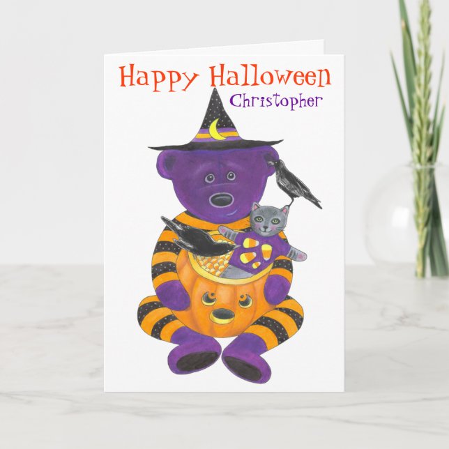 Happy halloween Pumpkin Bear med katt och Kråka Kort (Framsida)
