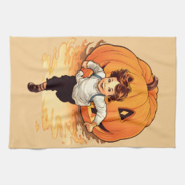 Happy halloween Pumpkin Chasing Young Boy Kökshandduk