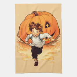 Happy halloween Pumpkin Chasing Young Boy Kökshandduk